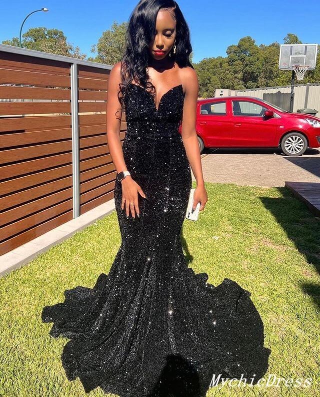 black glitter prom dress